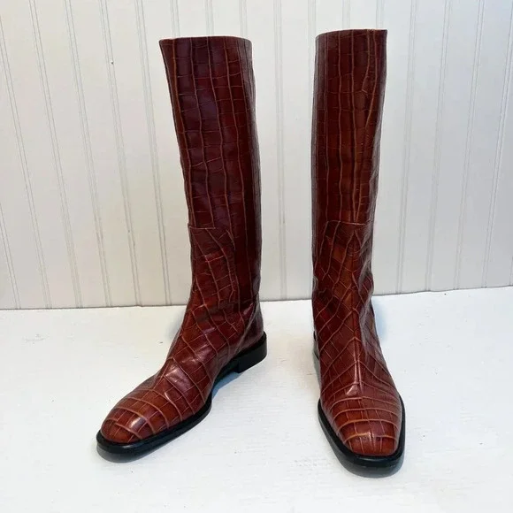 RARE Brock Collection Croc-Effect Cognac Leather Western Designer Riding Boots - Picture 5 of 12